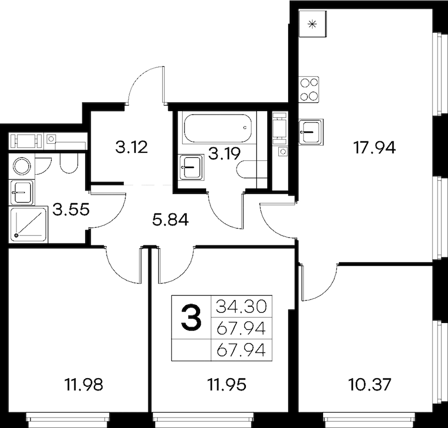3-комнатная квартира 67.94 м², 12/18 эт., ЖК «Glorax City Василеостровский»